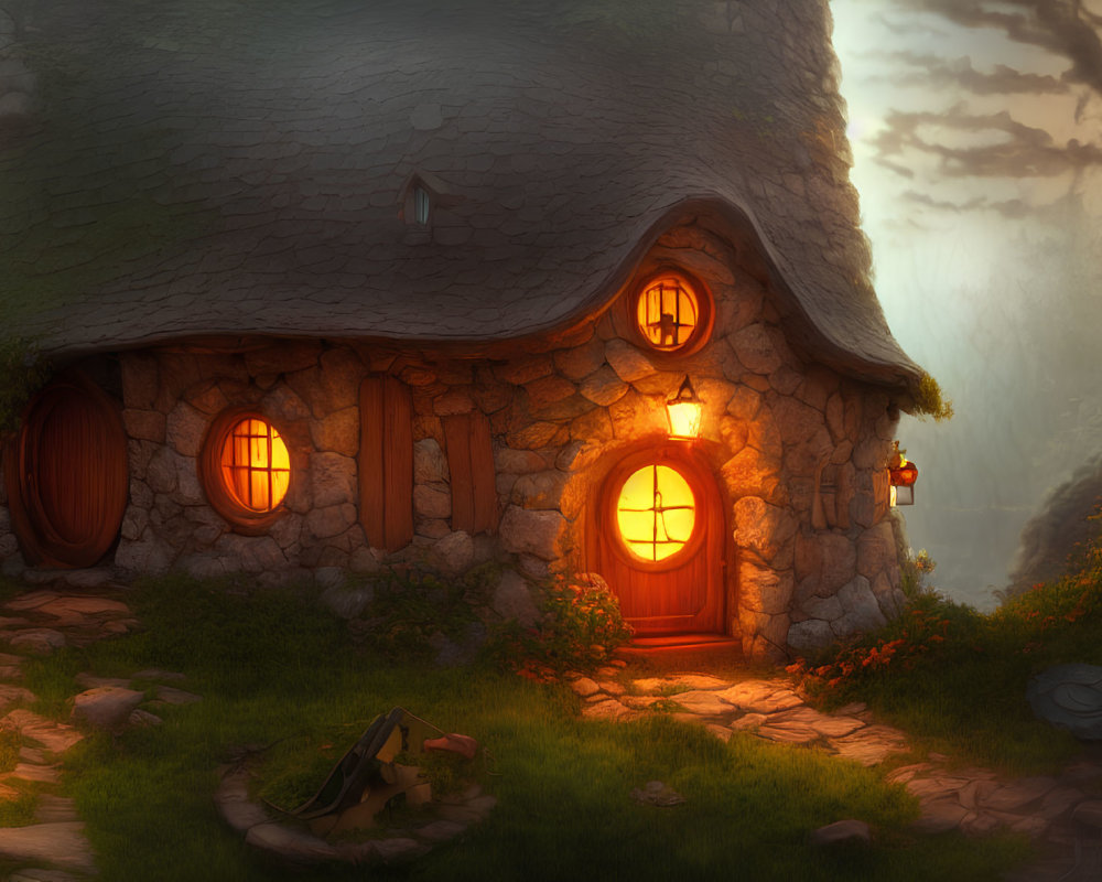 Quaint stone cottage in serene forest at dusk