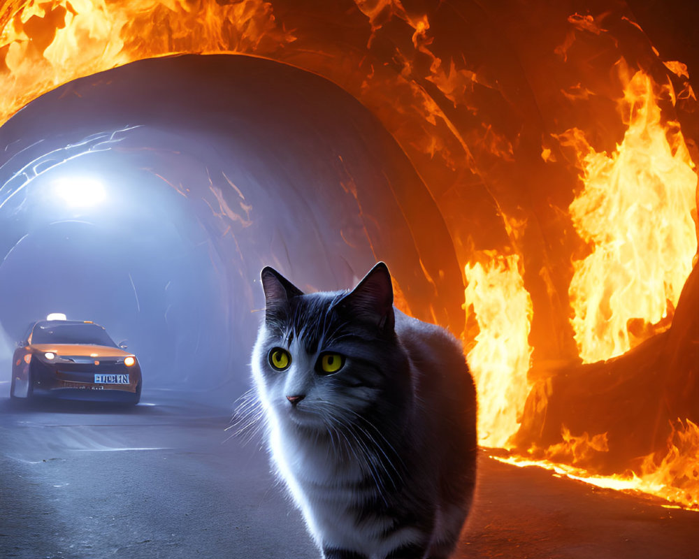 Cat in tunnel with fire walls and car headlights in background