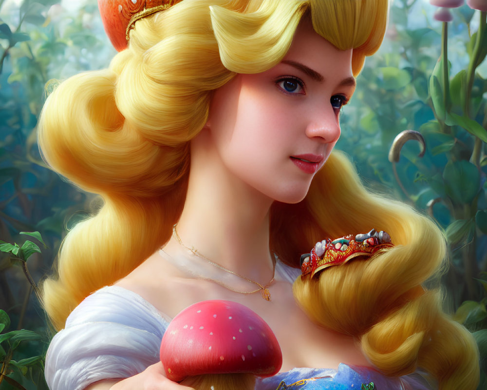 Blonde-Haired Princess with Red Mushroom in Forest