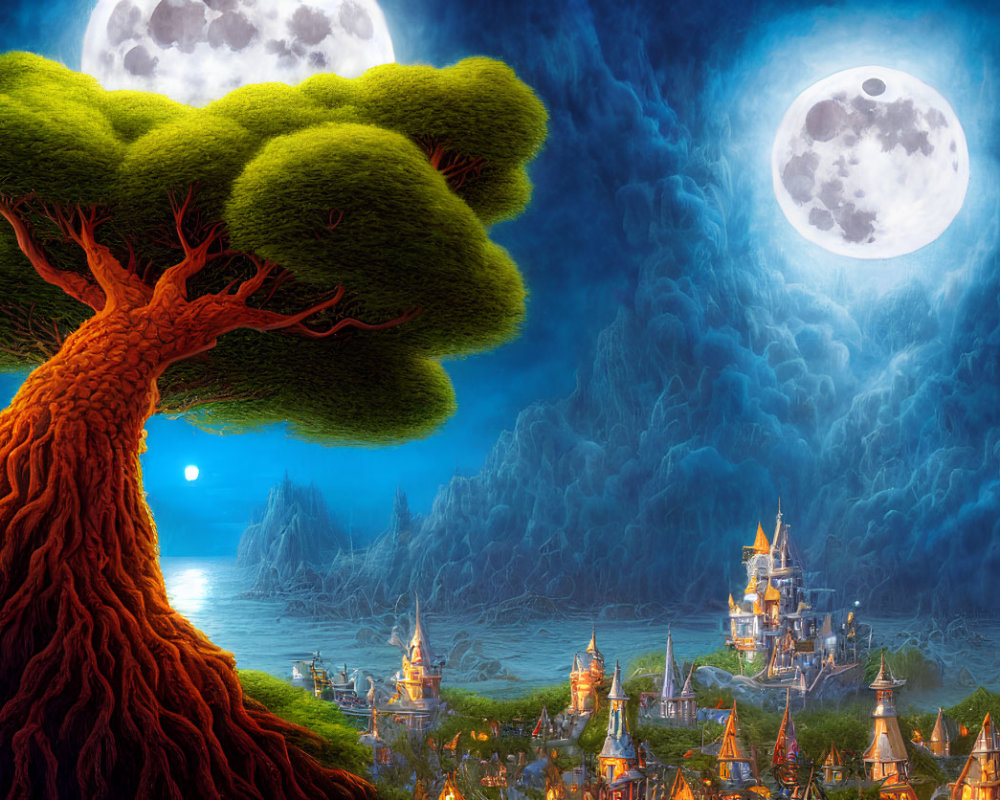 Vibrant tree under double moon in mystical landscape