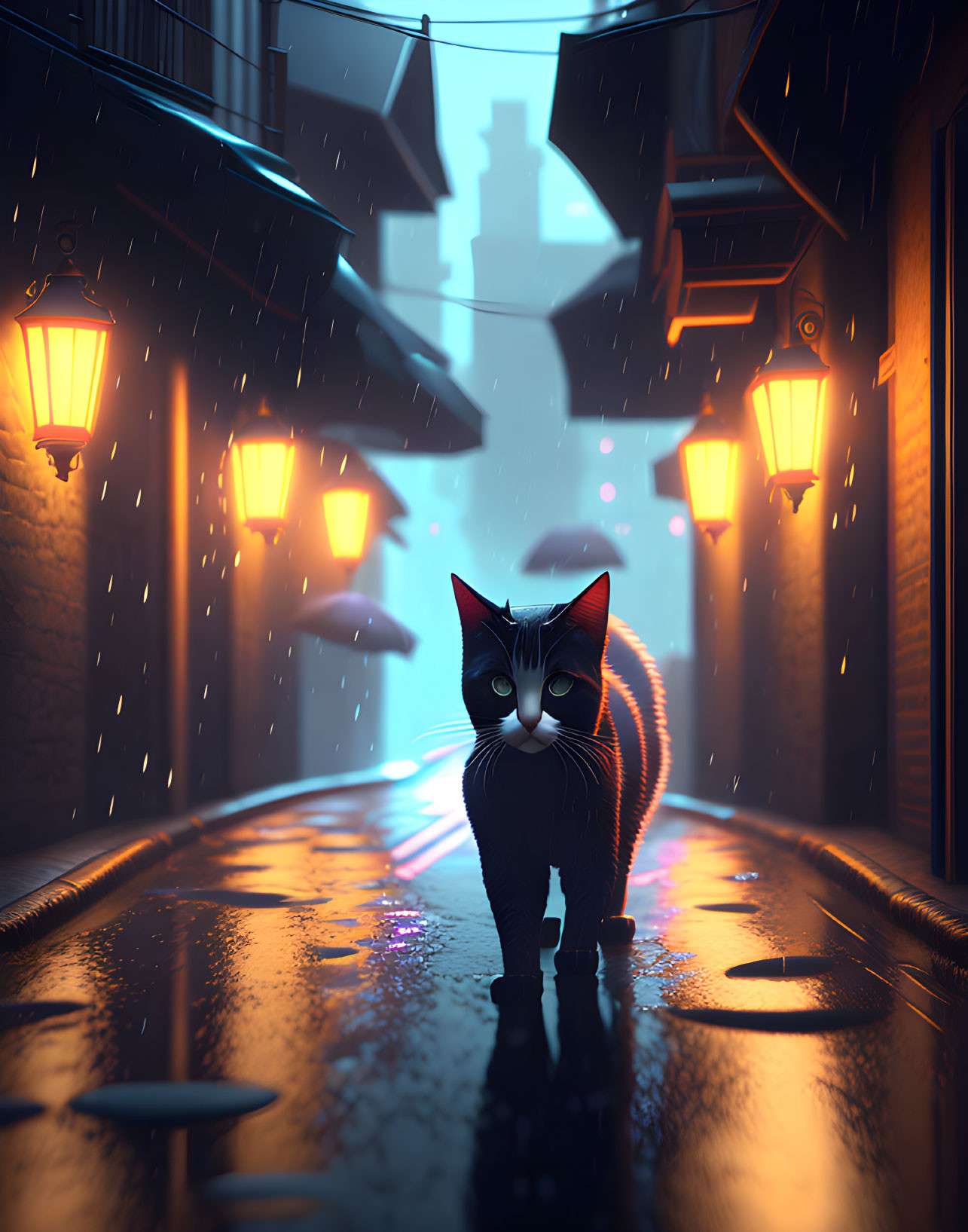 Cat in Rainy Alley with Glowing Lanterns