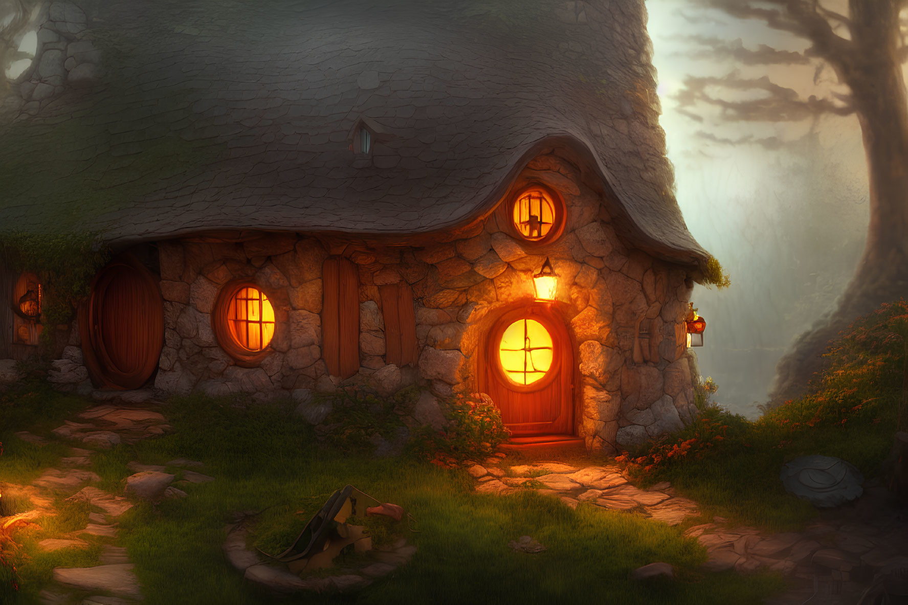 Quaint stone cottage in serene forest at dusk