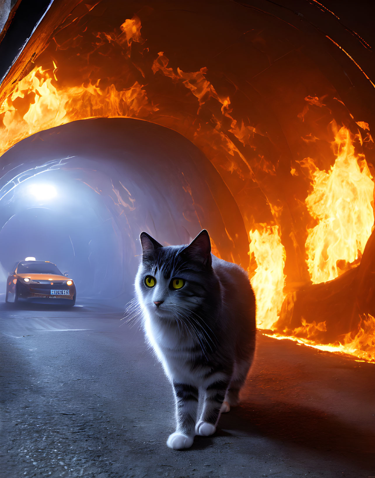 Cat in tunnel with fire walls and car headlights in background