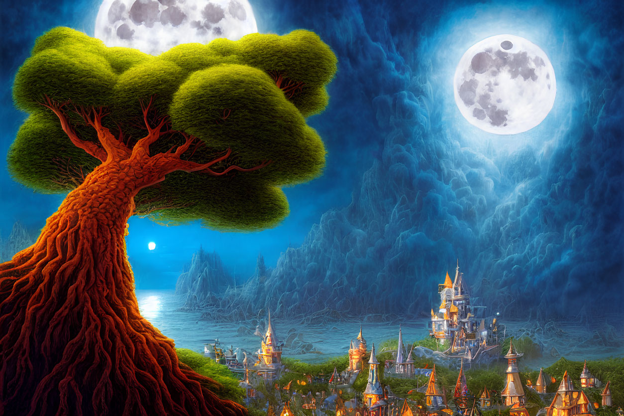 Vibrant tree under double moon in mystical landscape