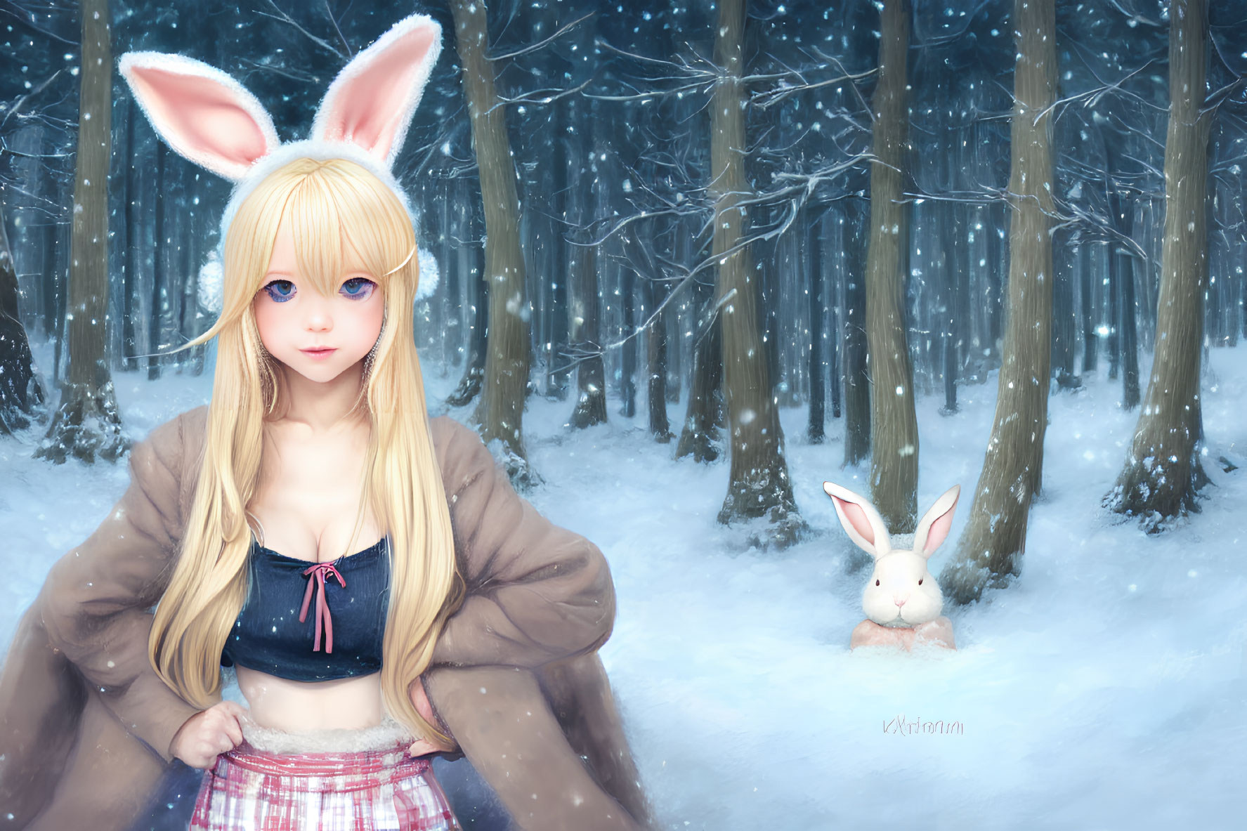 Blond Girl with Rabbit Ears in Snowy Forest Scene