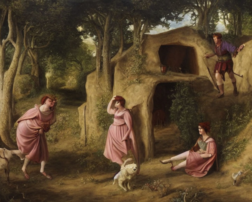 Classical painting with four figures in attire and dogs in wooded landscape