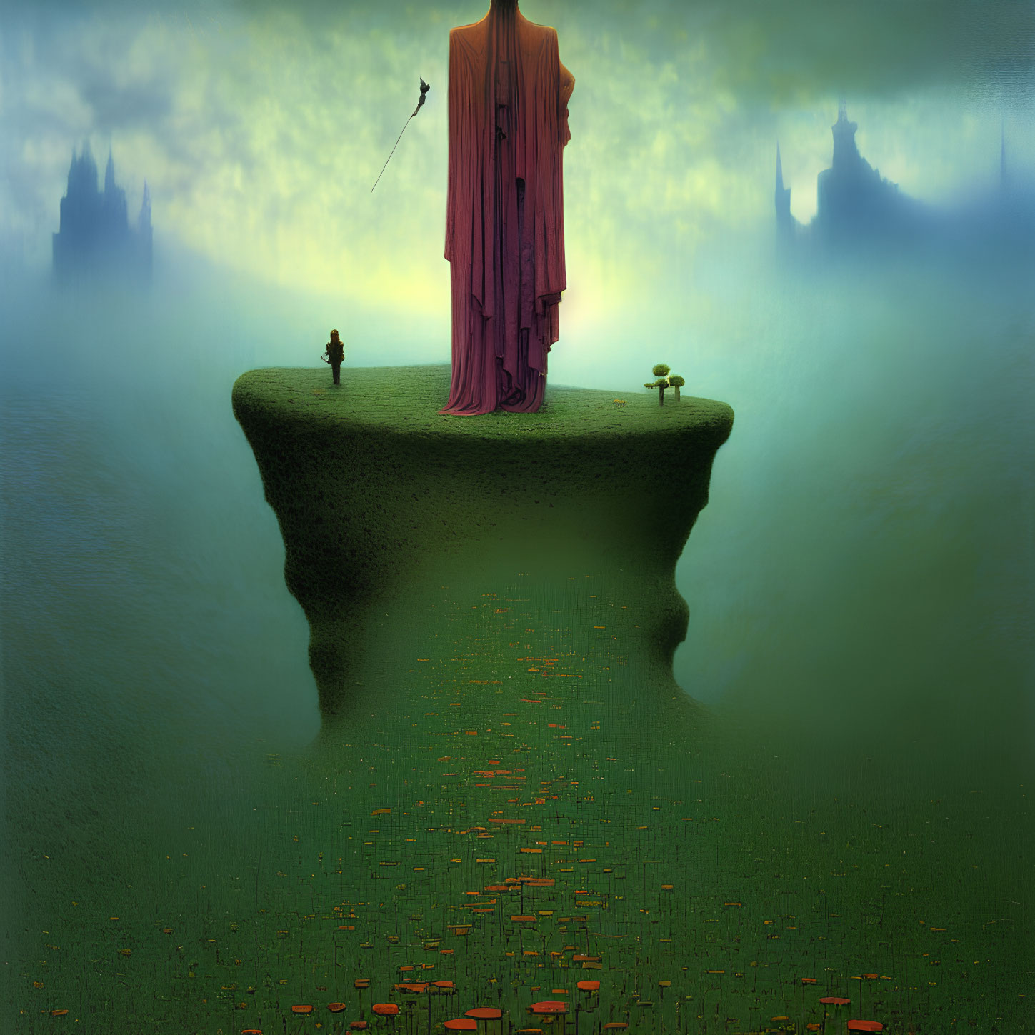 Surreal artwork featuring giant robed figure, child, and floating island path