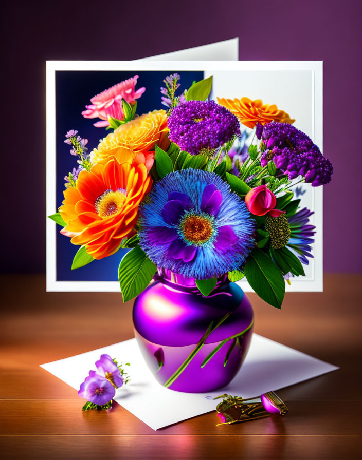 Colorful Flowers Bouquet in Purple Vase with Greeting Card on Wooden Surface