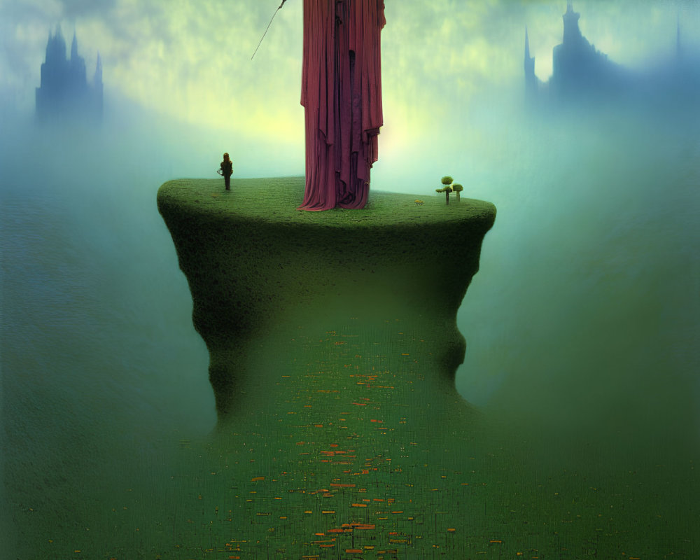 Surreal artwork featuring giant robed figure, child, and floating island path