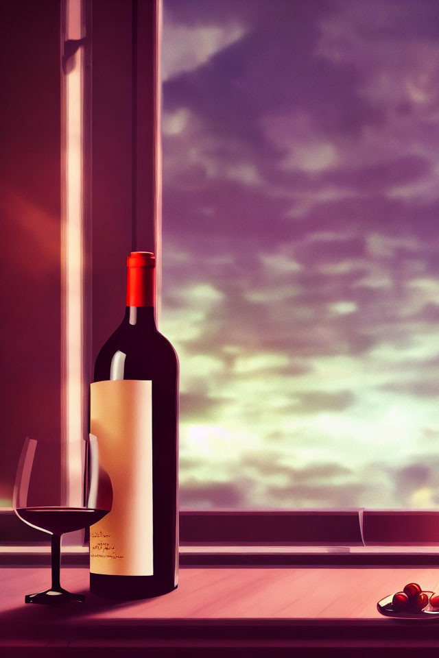 Red wine bottle and glass on windowsill with twilight sky