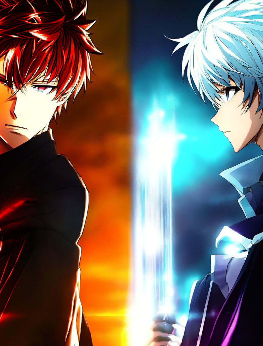 Anime characters with red and white hair in opposing directions against fiery red and cool blue backgrounds.