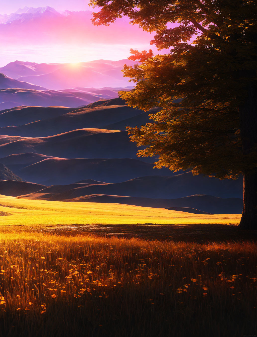 Tranquil field with solitary tree at sunrise over rolling hills