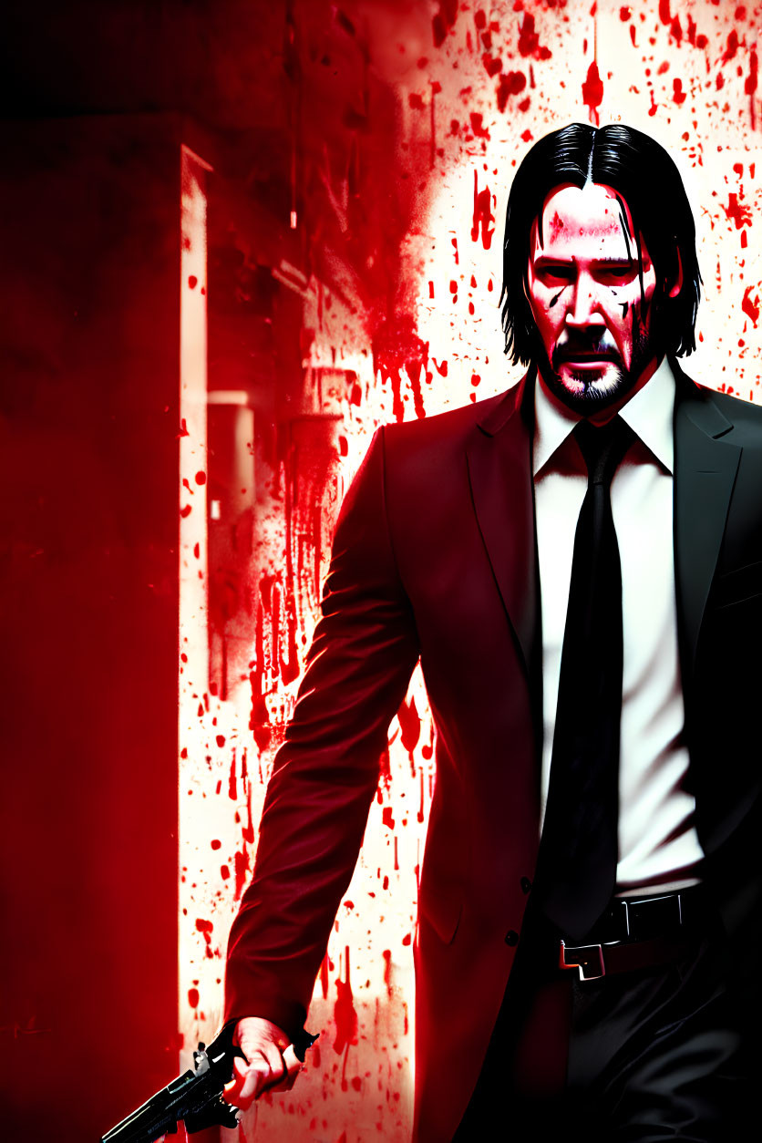 Stylized image of man in suit with gun on red background