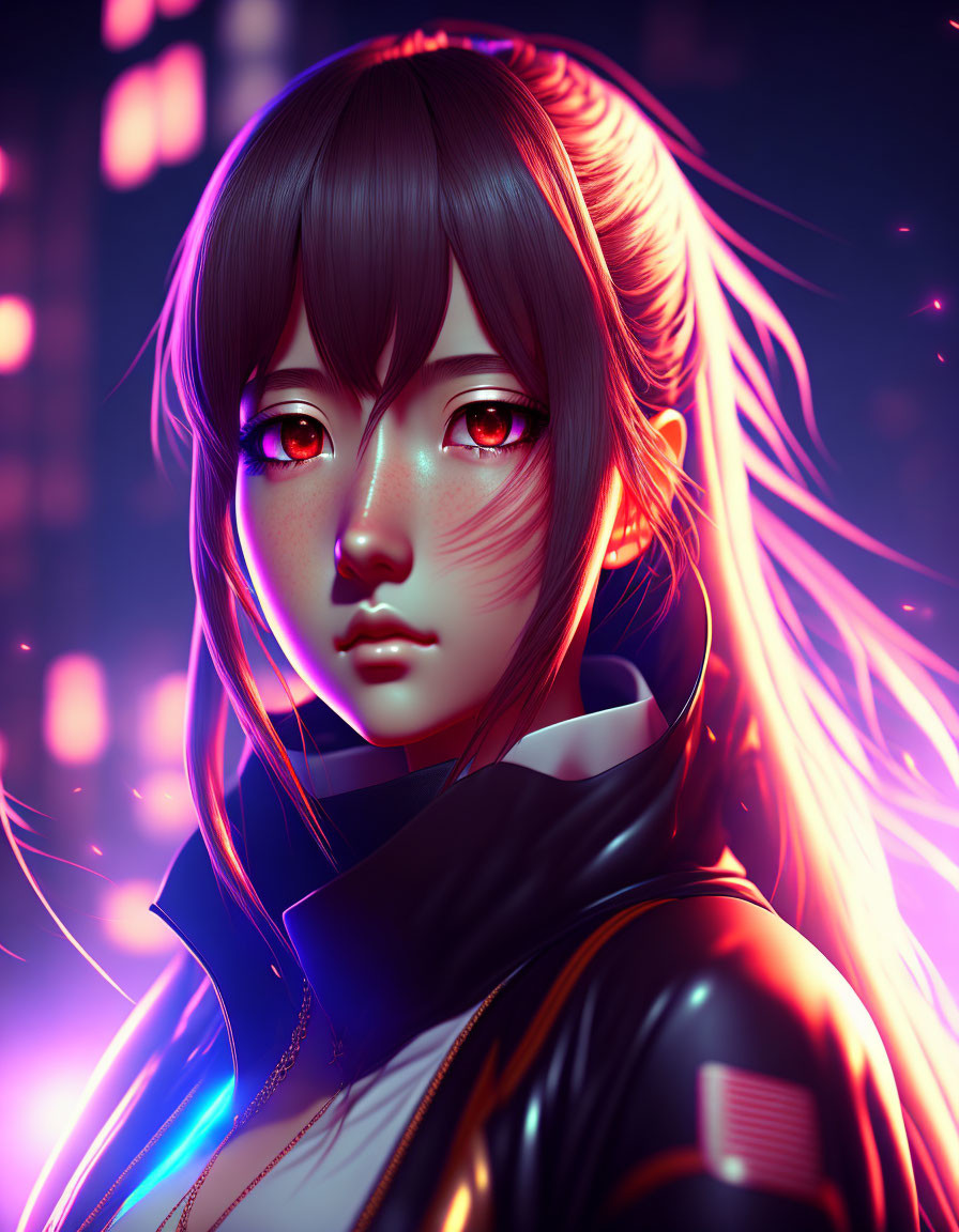 Female character with glowing red eyes and pink-highlighted hair in modern attire under neon lights