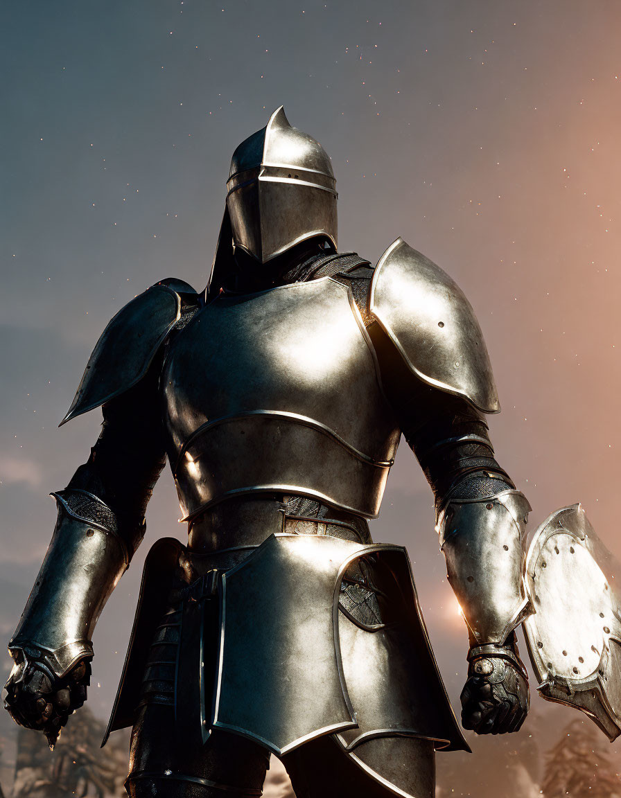 Knight in Shining Armor with Shield in Dusky Sky