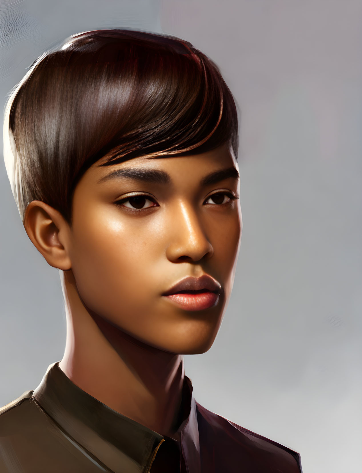 Portrait of a person with brown skin and short dark hair in digital painting