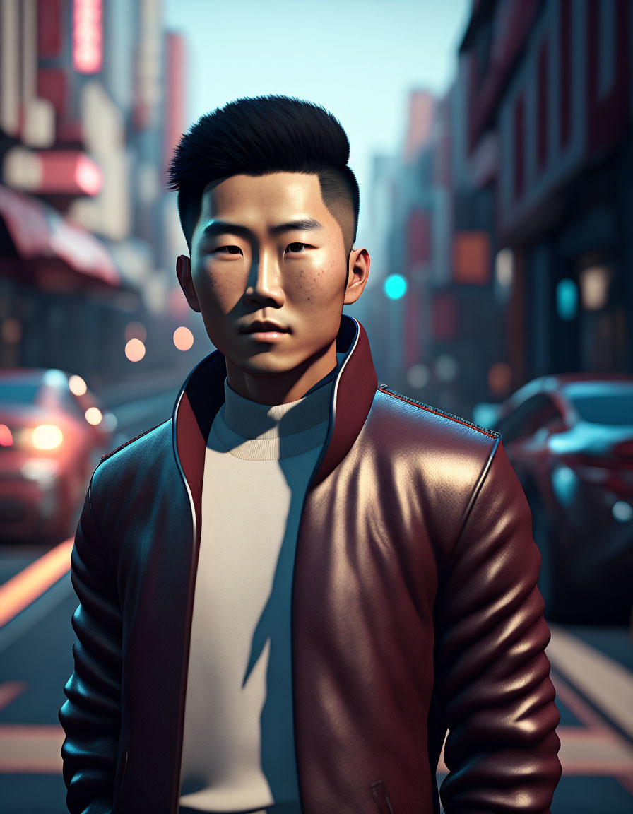 Digital artwork: Man with stylish haircut in red leather jacket, urban street at twilight