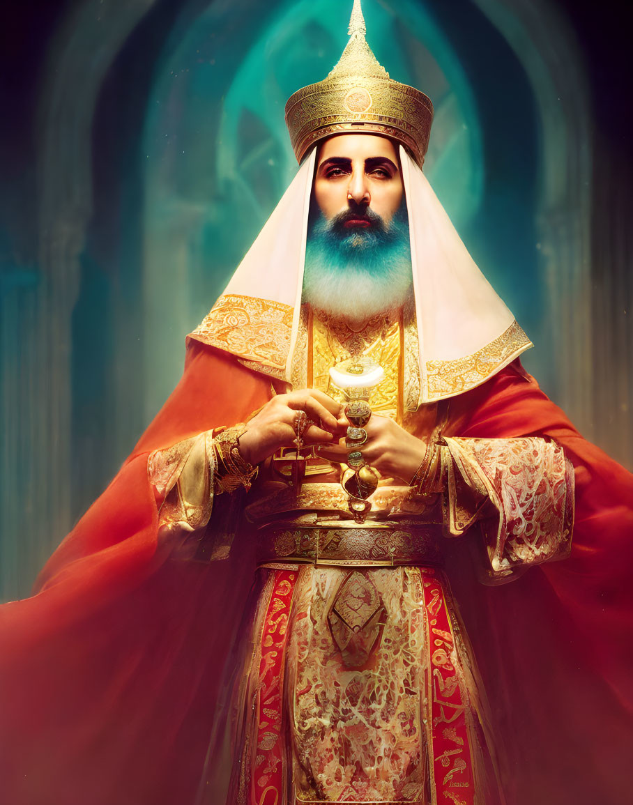 Regal person in clerical vestments with chalice, blue beard, golden crown, and go