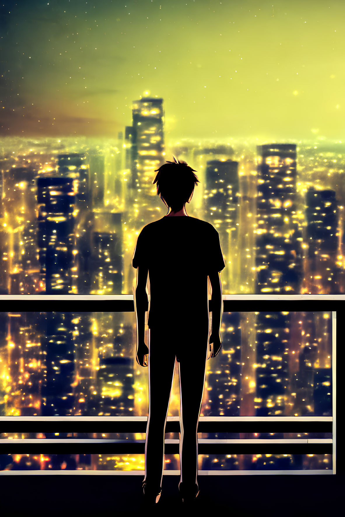 Silhouetted figure on balcony gazes at vibrant cityscape at night