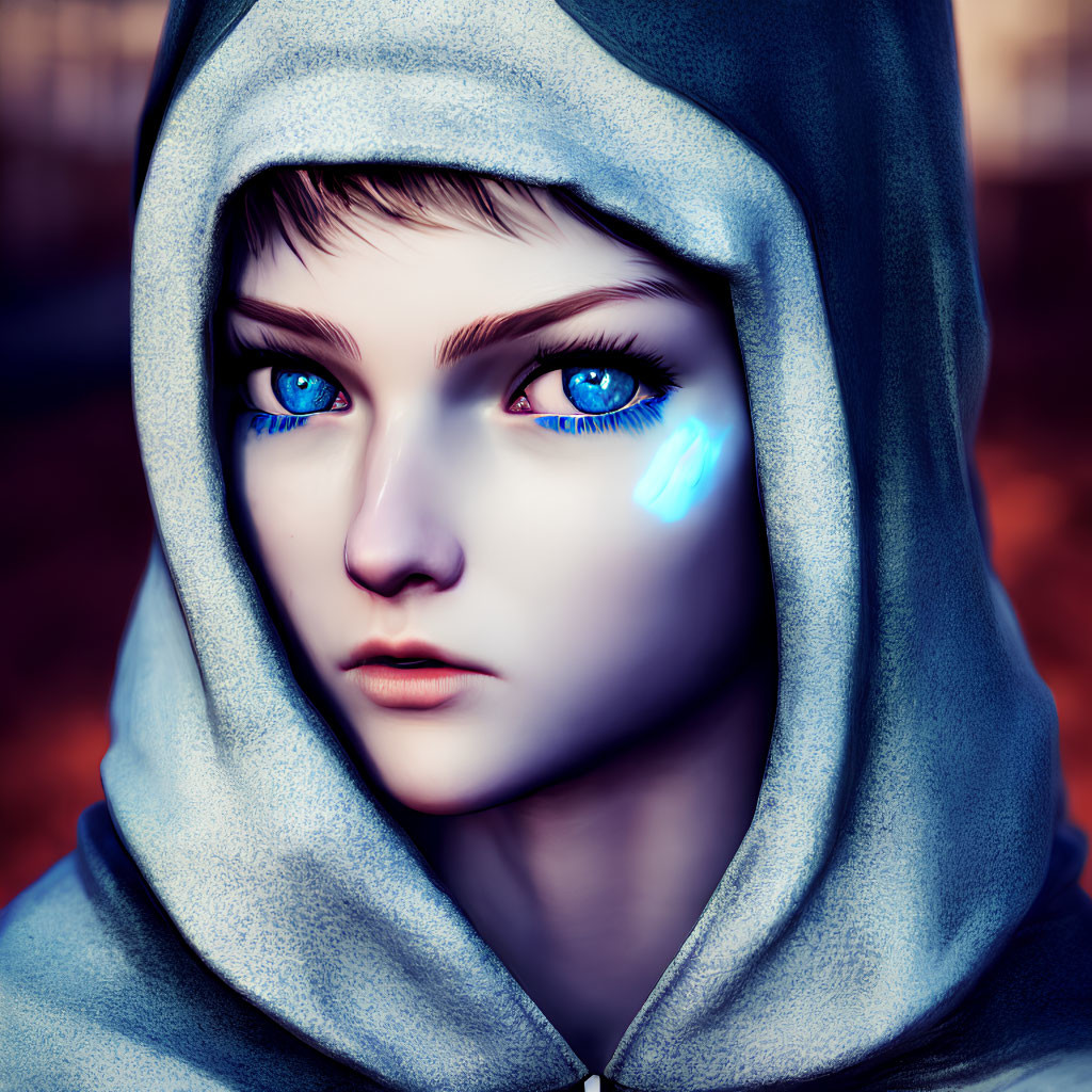 Digital artwork of person with blue eyes and hood, featuring glowing symbol on cheek.