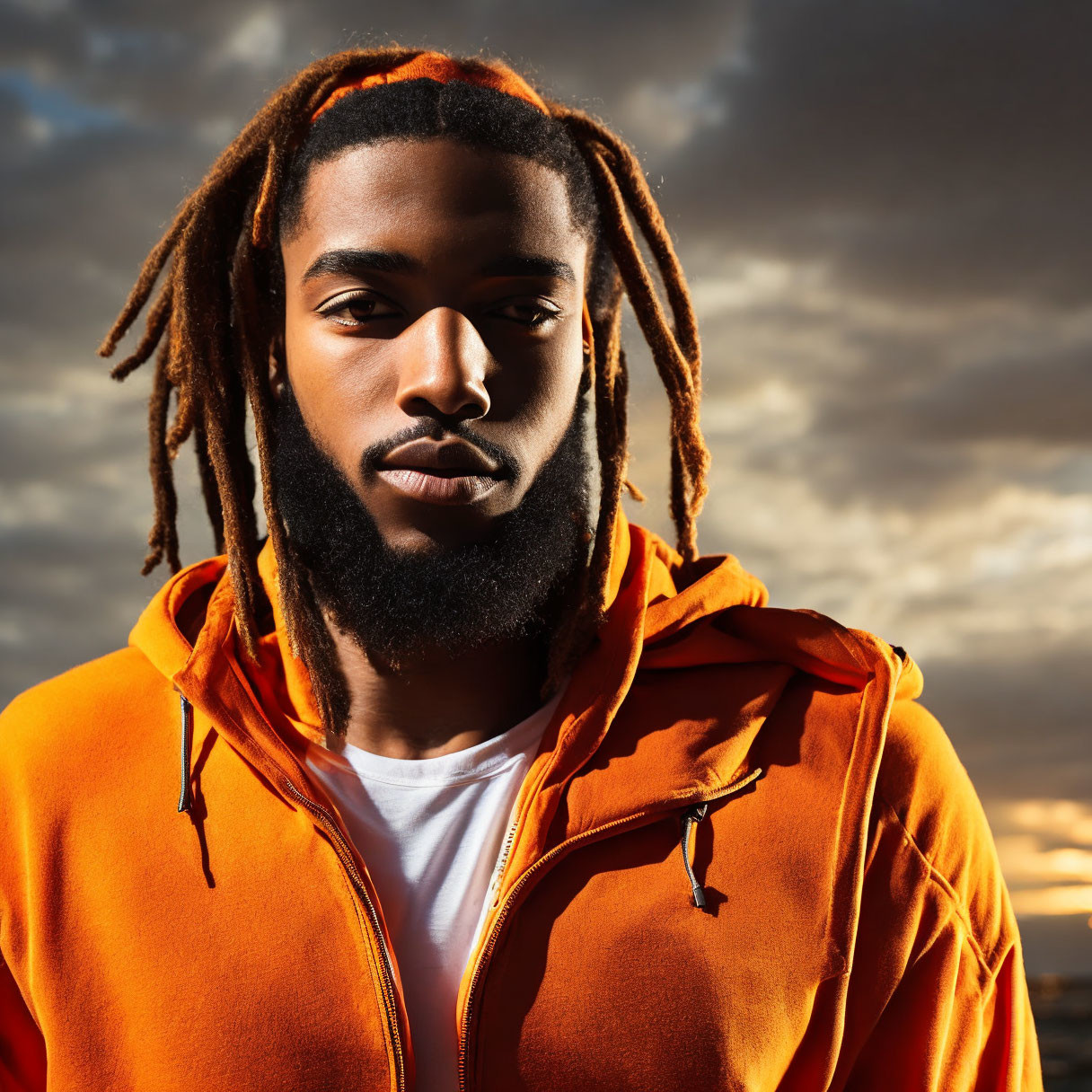 Man with dreadlocks in orange hoodie against dramatic sunset sky