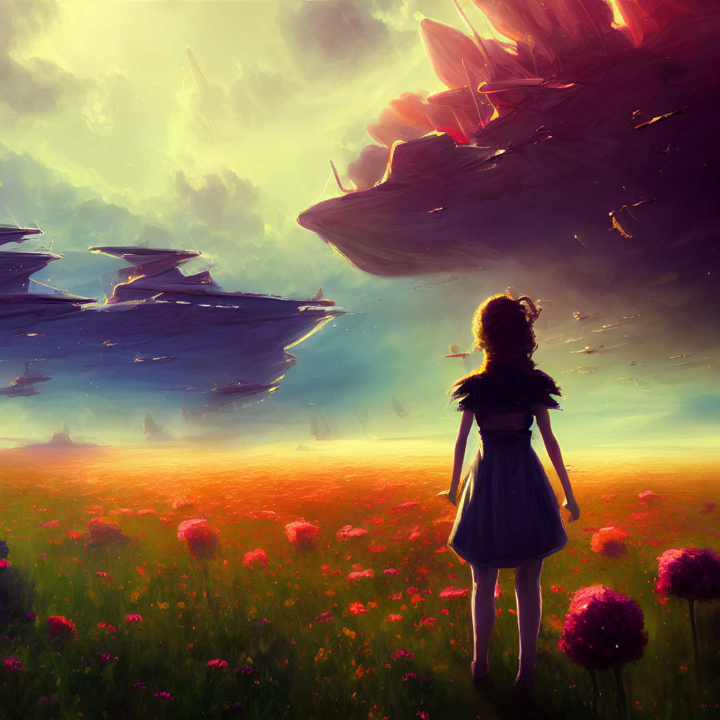 Girl in vibrant field gazes at floating islands in sunset sky