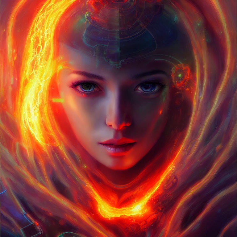 Vibrant digital art of a woman with fiery hues and ethereal symbols.