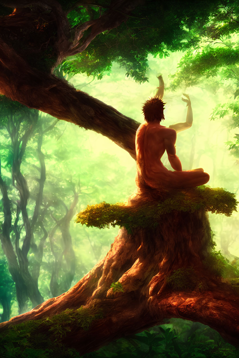 Tranquil illustration: Person meditating on mossy tree branch in sunlit forest