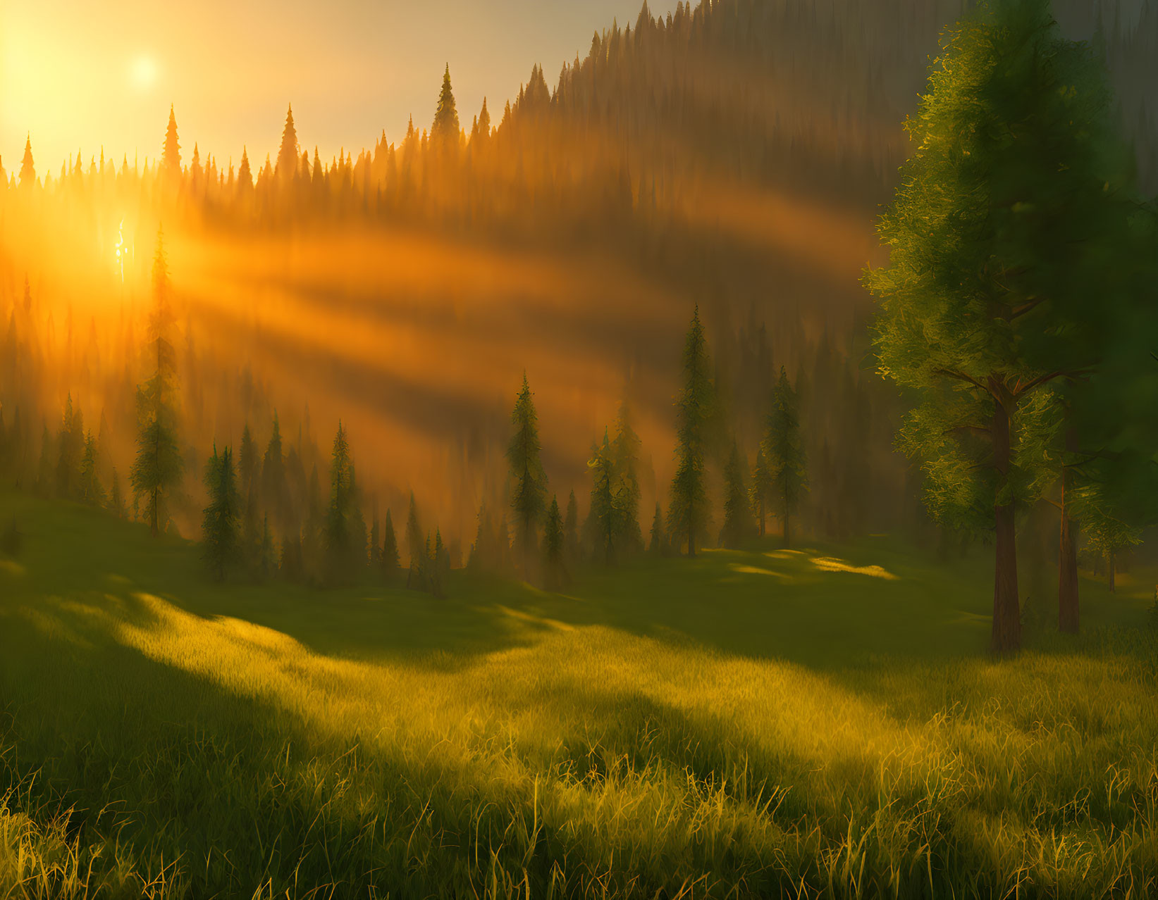 Sunset scene with sunbeams through misty woods and meadow