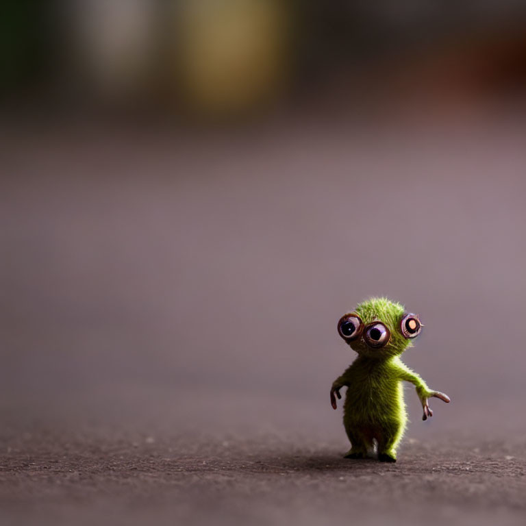 Small Green Fuzzy Creature with Large Round Eyes on Blurred Background