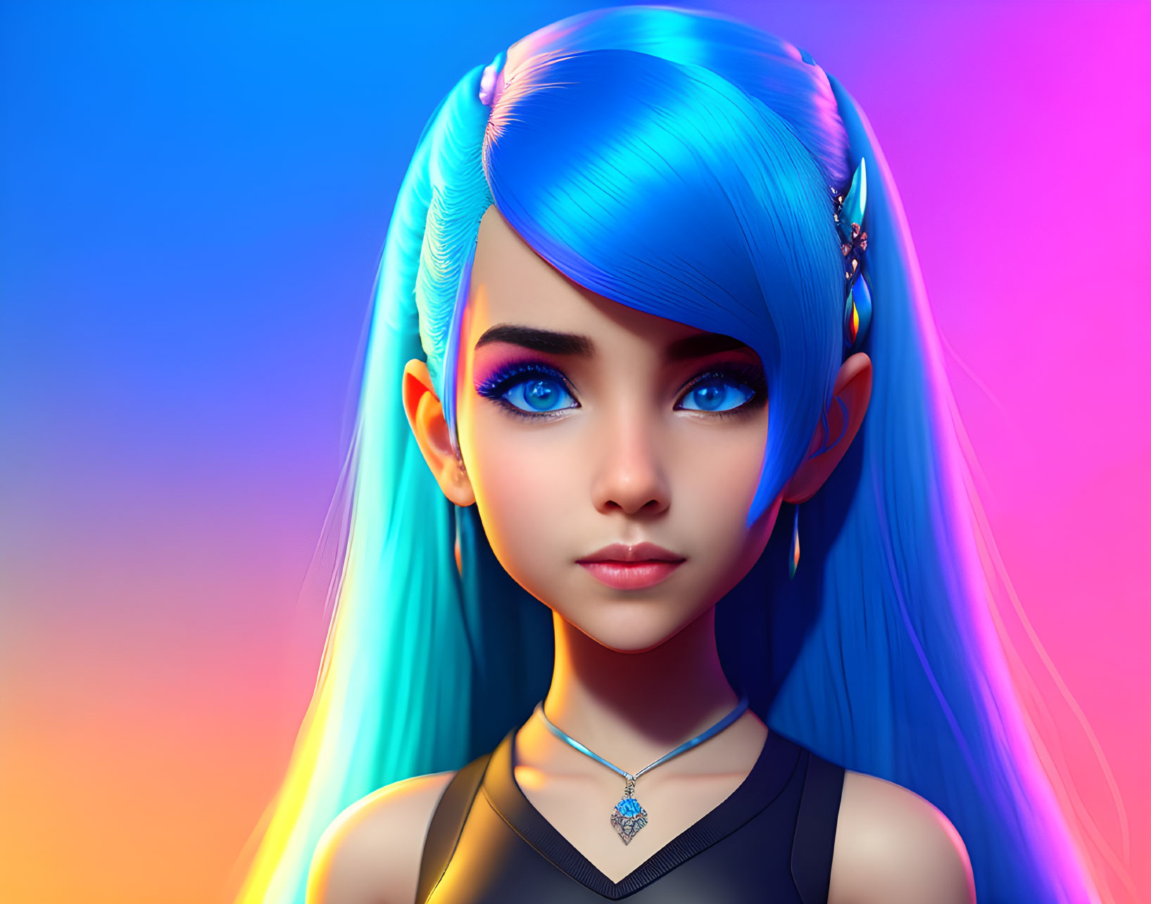 Colorful 3D illustration of a girl with blue hair and eyes