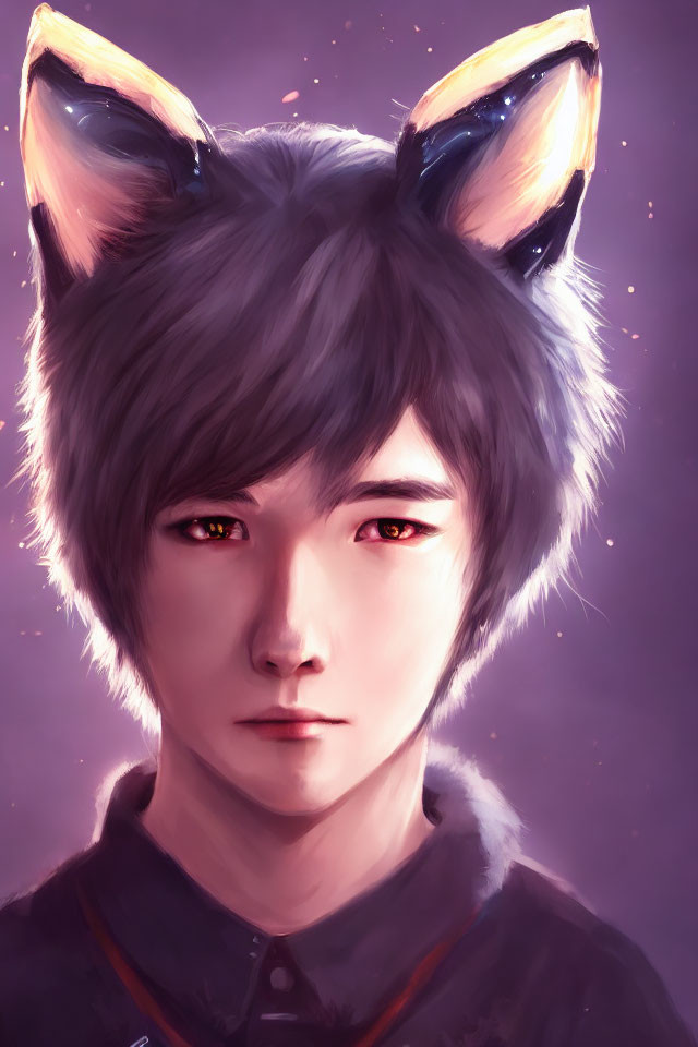 Digital illustration: Person with wolf ears and amber eyes on warm purple backdrop