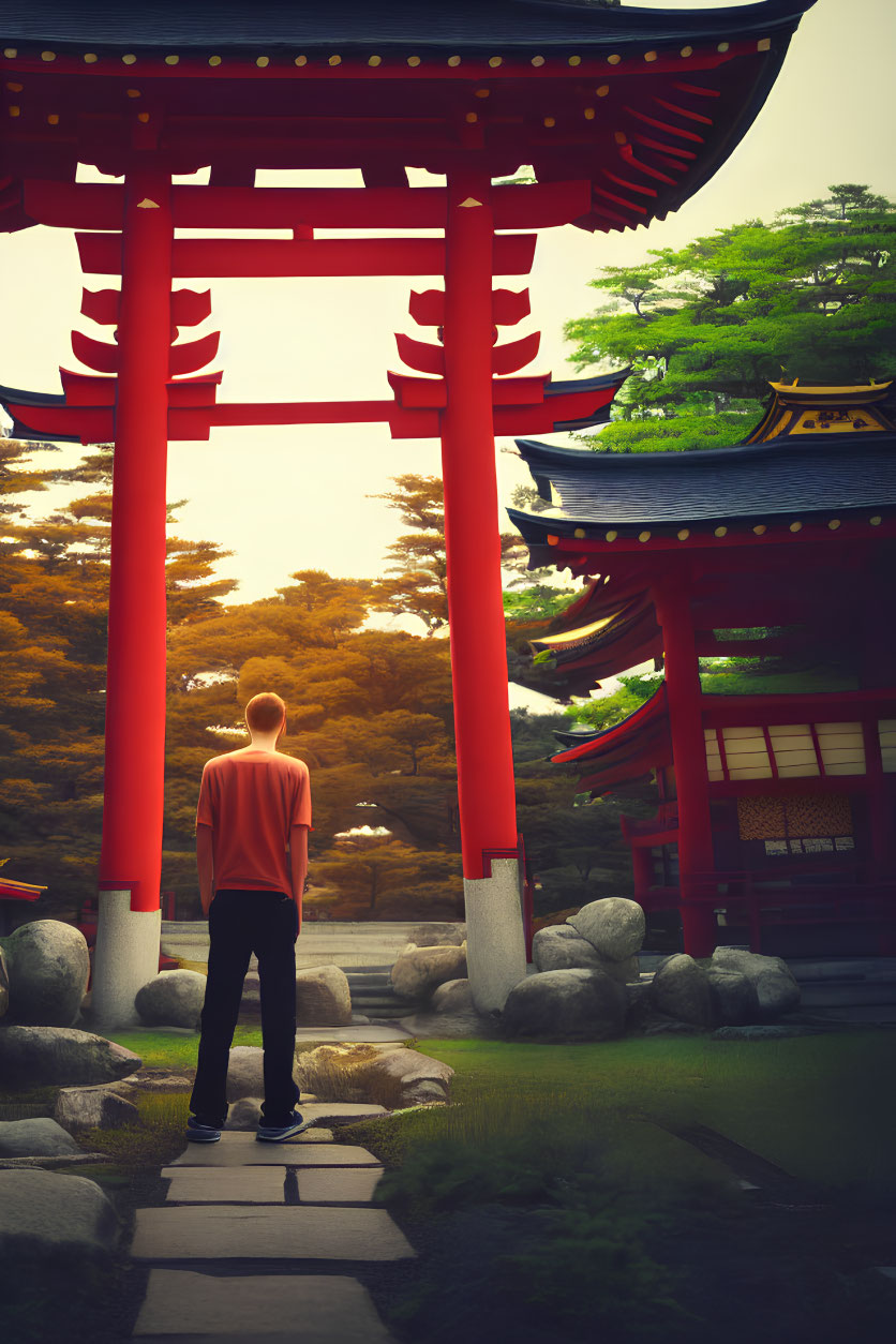 Person in orange shirt at Japanese shrine with red torii gate