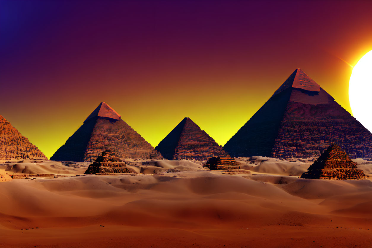 Ancient Pyramids of Giza at Sunset with Silhouetted Dunes