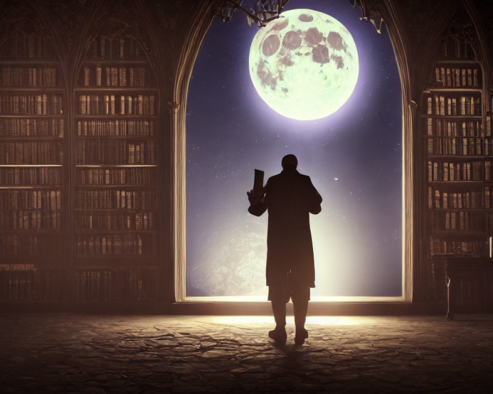 Silhouetted figure in grand library with book by large window at night