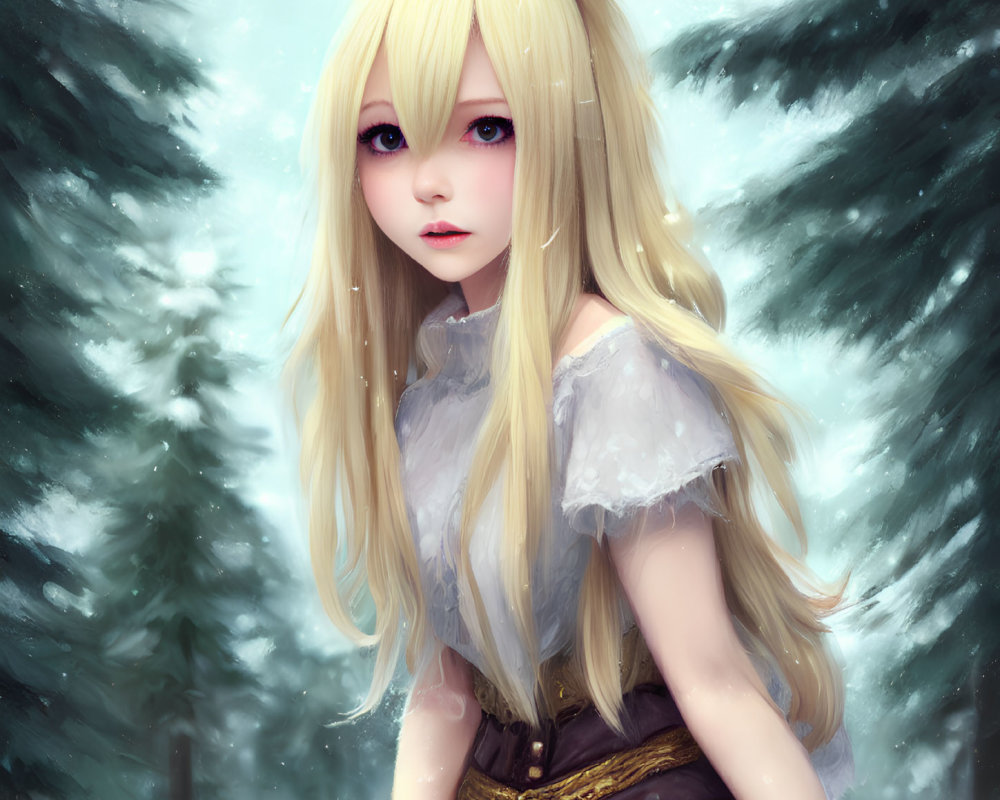 Stylized illustration of girl with rabbit ears and red eyes in wintry forest