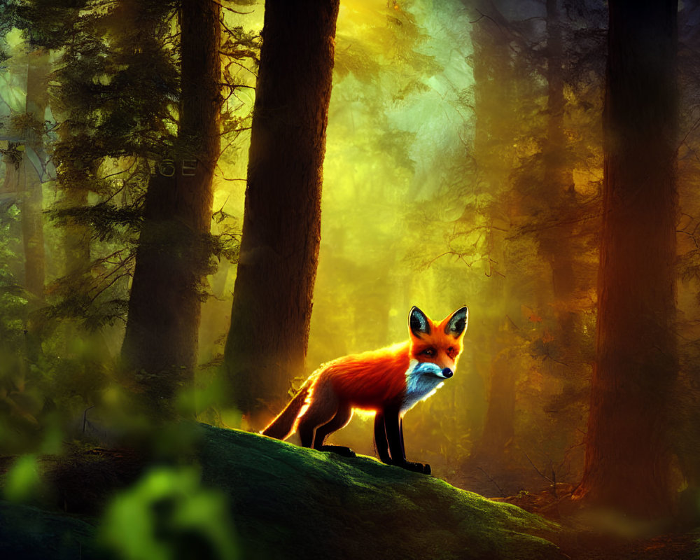 Mystical forest scene with vivid fox and golden light