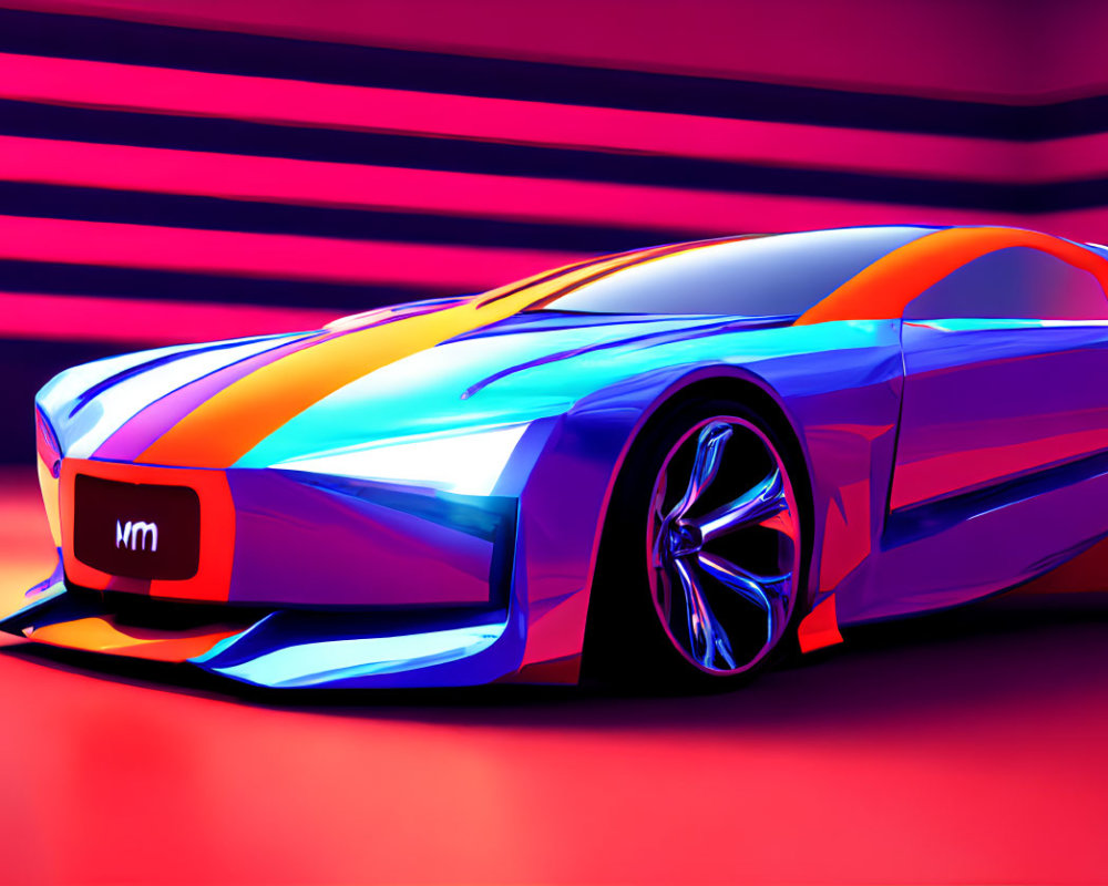 Futuristic Car Design with Blue and Orange Stripes in Neon Pink Lighting