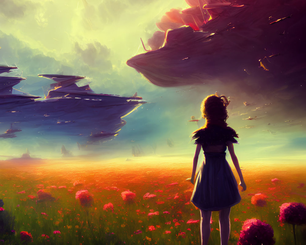 Girl in vibrant field gazes at floating islands in sunset sky