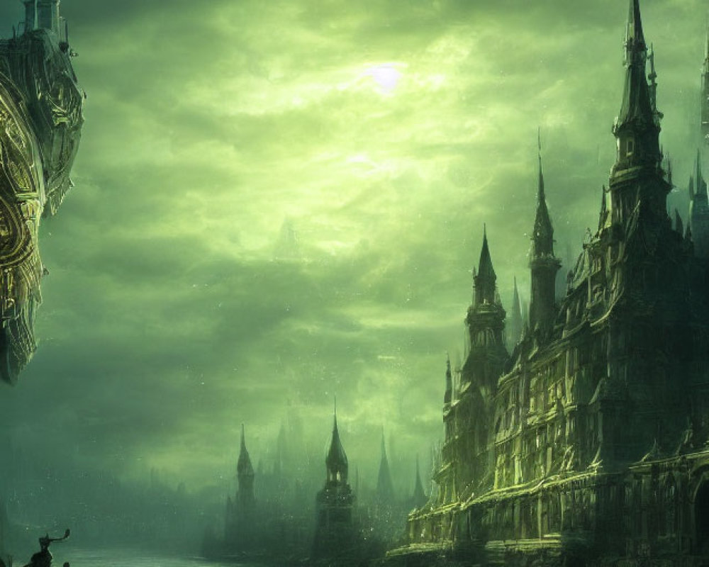 Mystical green-hued cityscape with gothic buildings and luminous celestial body