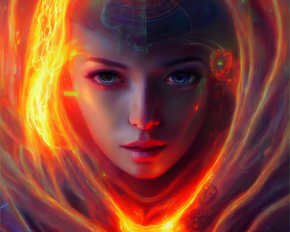 Vibrant digital art of a woman with fiery hues and ethereal symbols.