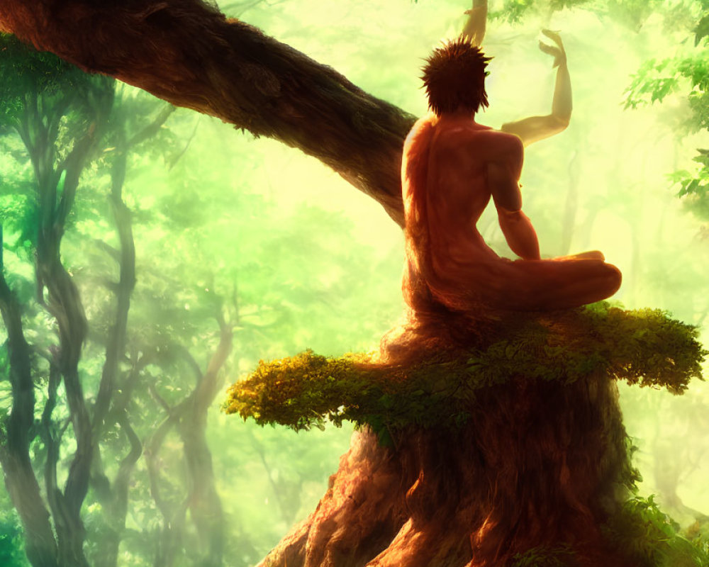 Tranquil illustration: Person meditating on mossy tree branch in sunlit forest