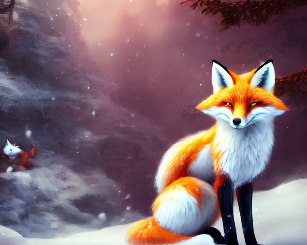 Vibrant orange fox in snowy forest with white fox, red-leafed trees