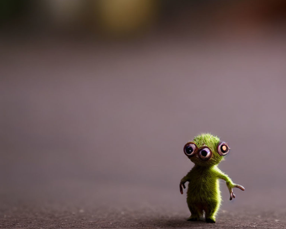 Small Green Fuzzy Creature with Large Round Eyes on Blurred Background