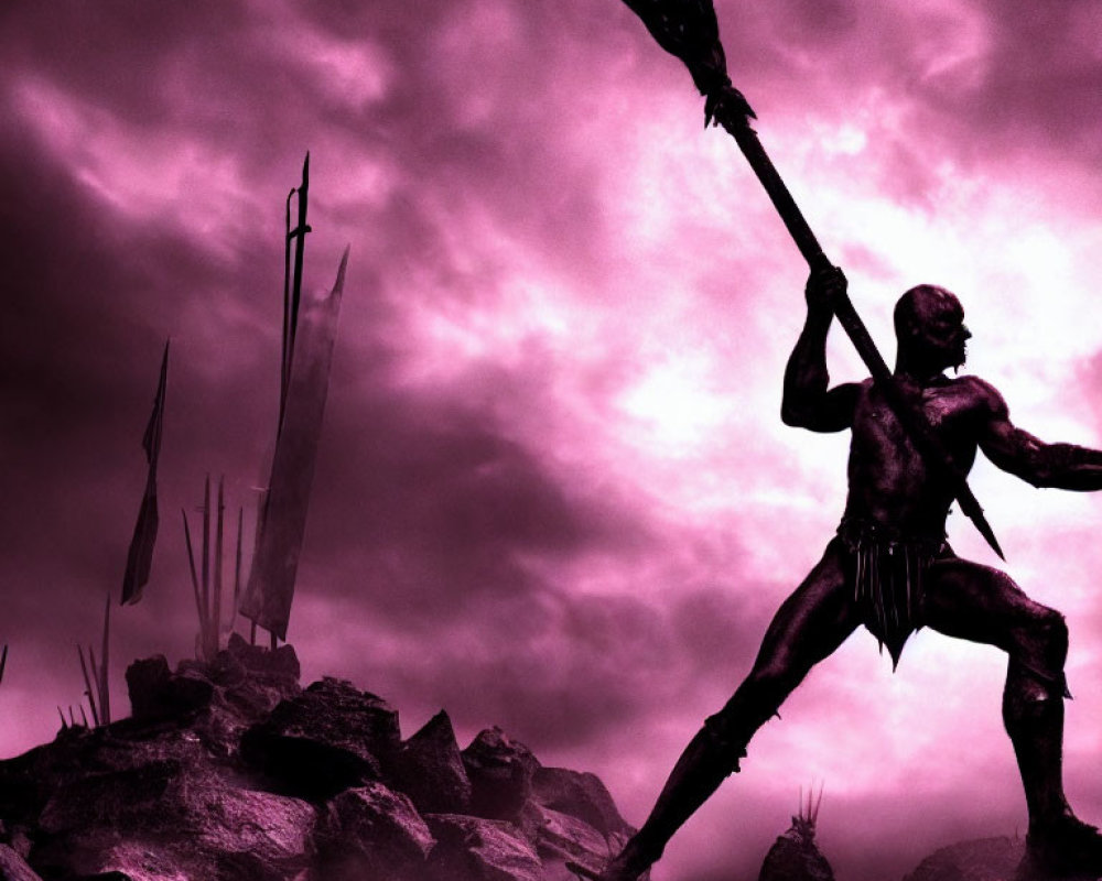 Muscular figure with trident on rugged terrain under pink and purple sky