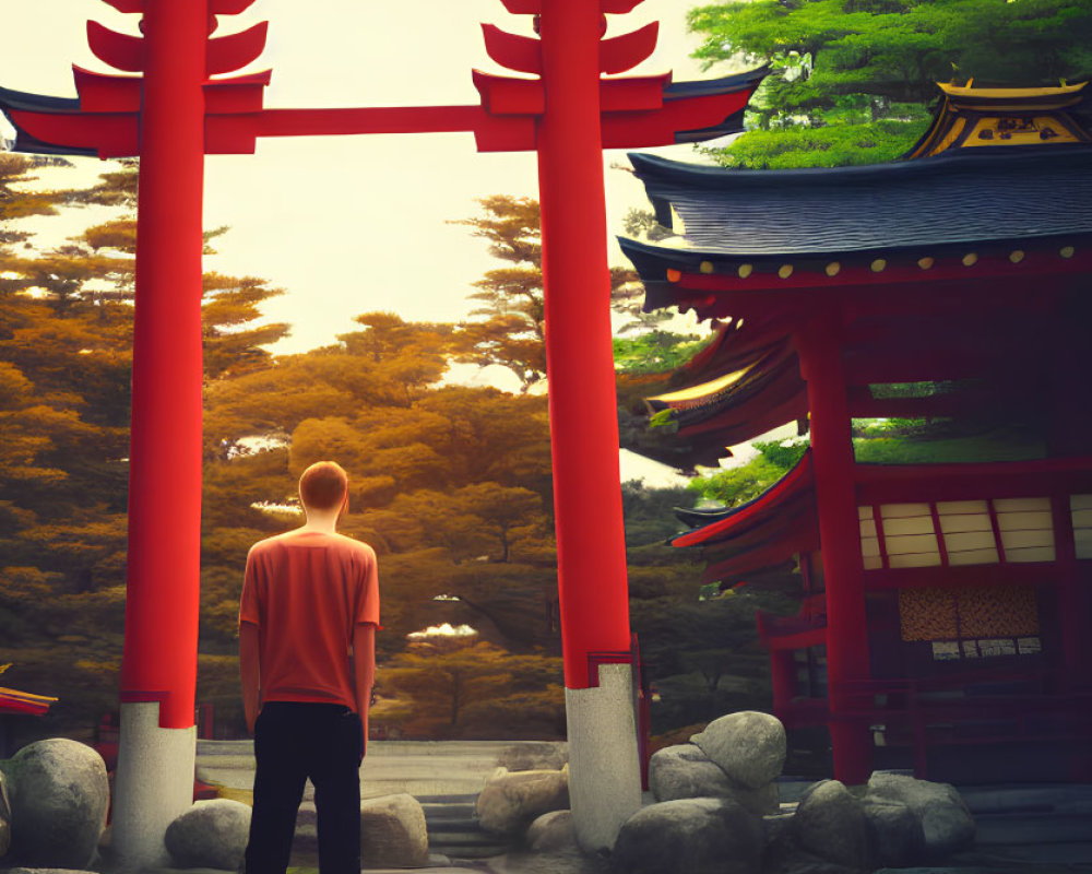 Person in orange shirt at Japanese shrine with red torii gate