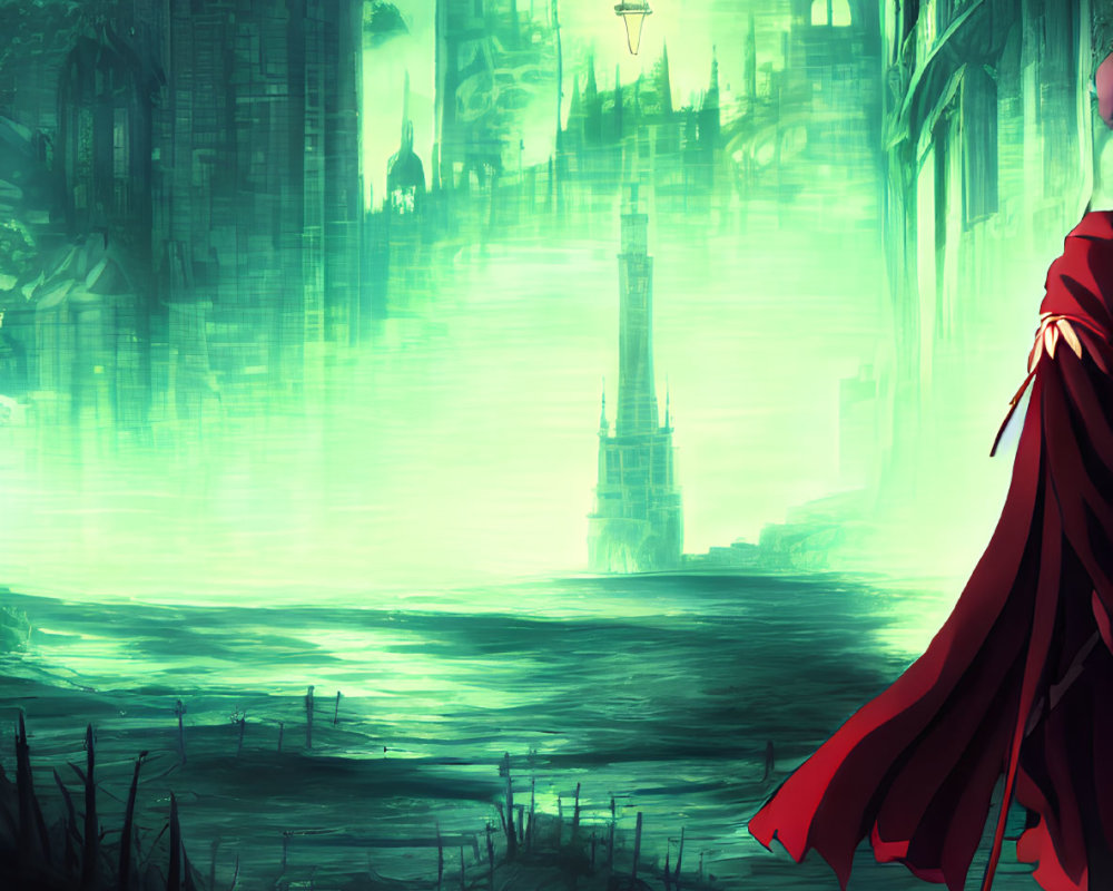 Mysterious cloaked figure in front of luminous green sea and shadowy cityscape