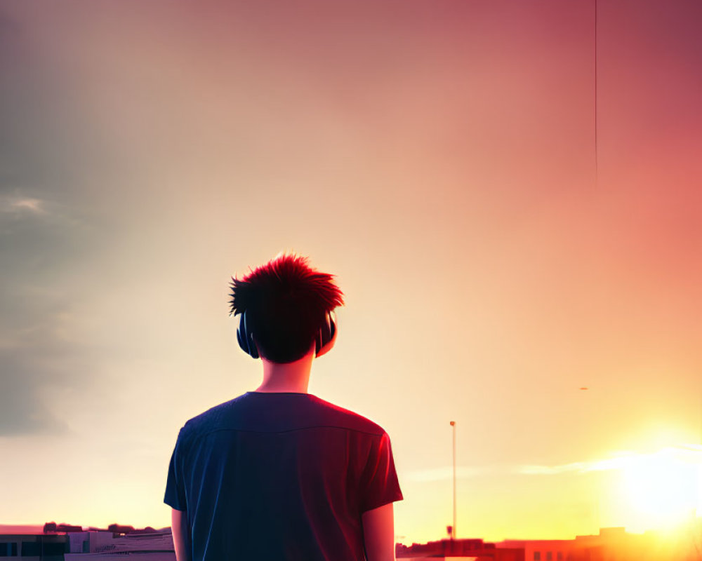 Person admires vibrant pink and orange sunset from urban rooftop.