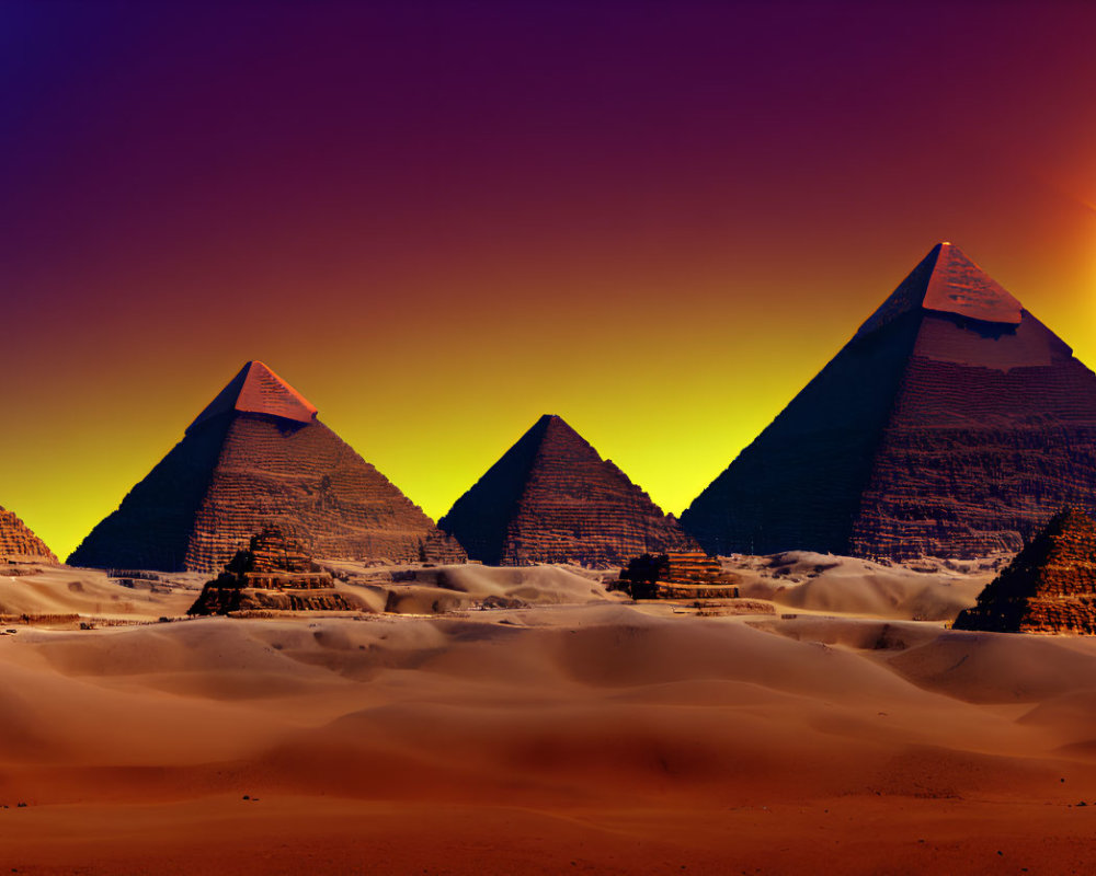 Ancient Pyramids of Giza at Sunset with Silhouetted Dunes