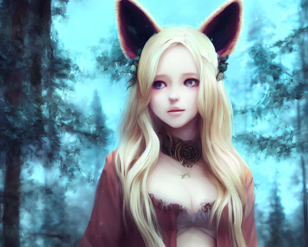 Blond-Haired Anime Character with Fox Ears in Mystic Forest